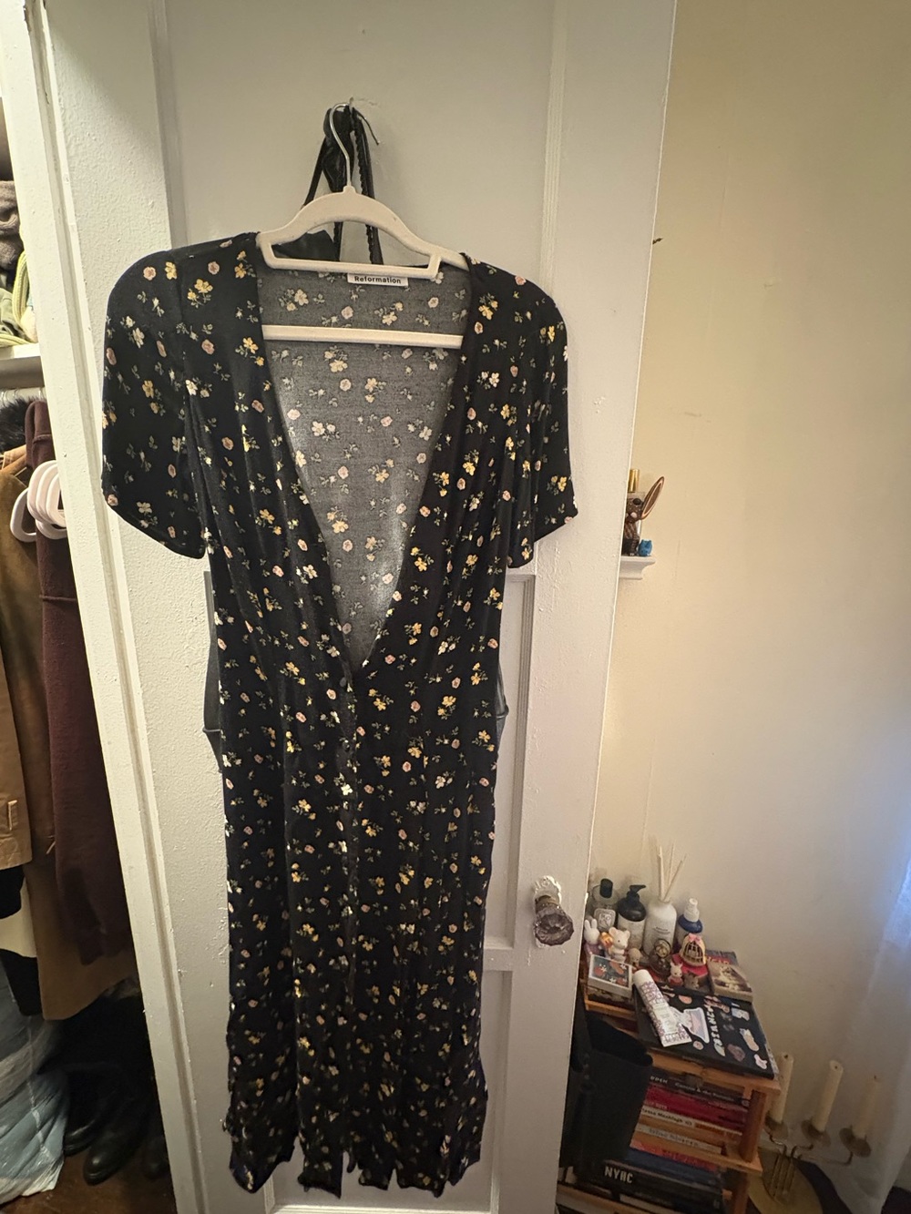 Reformation Black Midi Wrap Dress with Yellow Floral Print